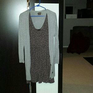 Maroon tank gray cardigan and dress