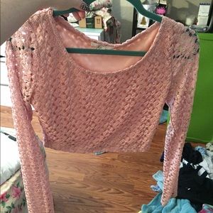 Pink Lace Long Sleeve Crop Top