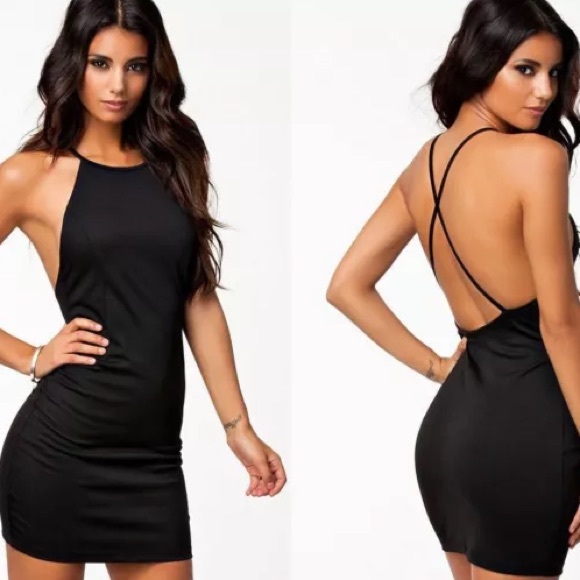 cross back high neck black bodycon dress lbd