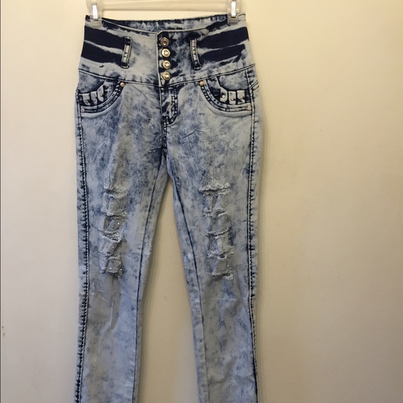 High waist Bleach destroyed jeans