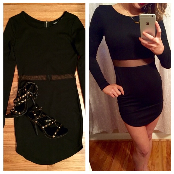 Black long sleeve dress with sheer waist.