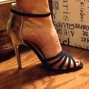 Strappy metallic and faux suede heels