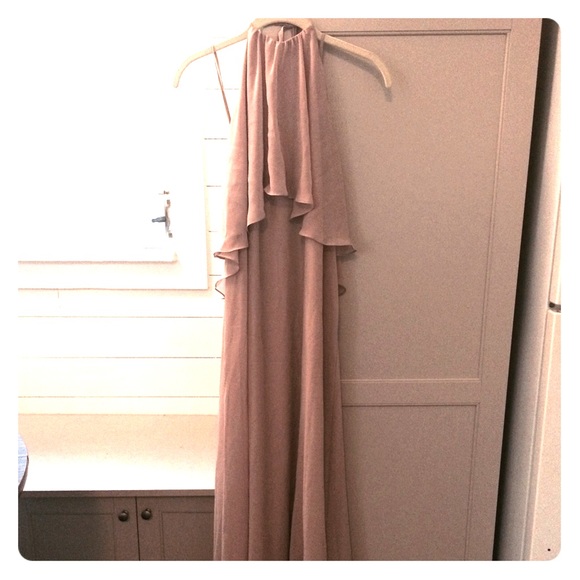 Nude chiffon Amsale bridesmaid ruffled halter gown