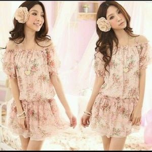 Off Shoulder Pink Floral Print Chiffon Mini Dress