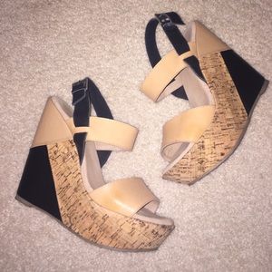 Faux Black and Tan leather w/cork wrapped wedge