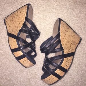 Black leather strappy wedge