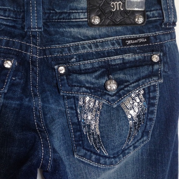 Boot cut silver and blue sequin angel wing