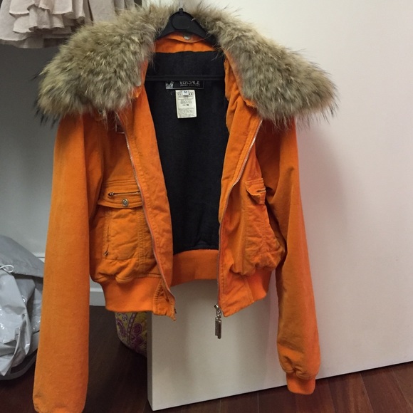 VERSACE JEANS ORANGE FURTRIMMED BOMBER JACKET SALE
