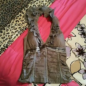 Grey Ruffled neck Top