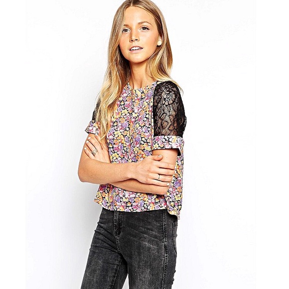 ASOS chiffon floral print lace shoulder top - Picture 2 of 4