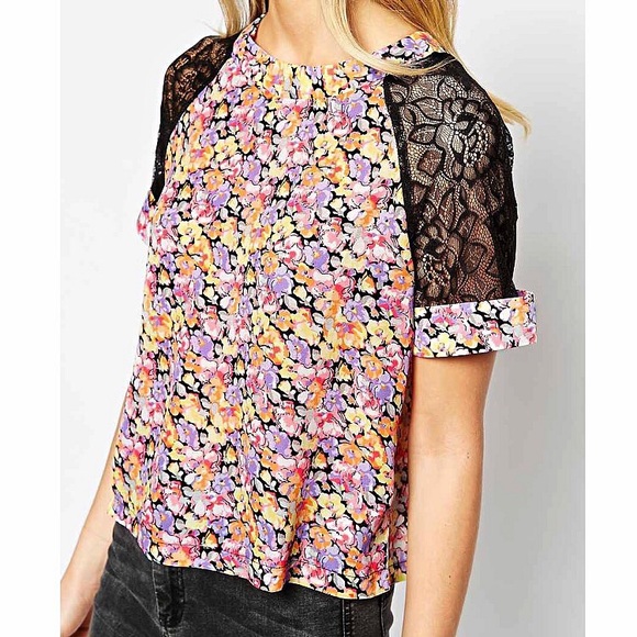 ASOS chiffon floral print lace shoulder top - Picture 3 of 4
