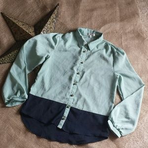 Teal & Navy Gold Button Blouse