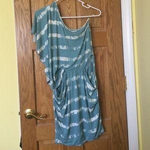 one shoulder turquoise dress with white stripes