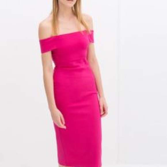 NEW Zara off shoulder hot pink midi dress