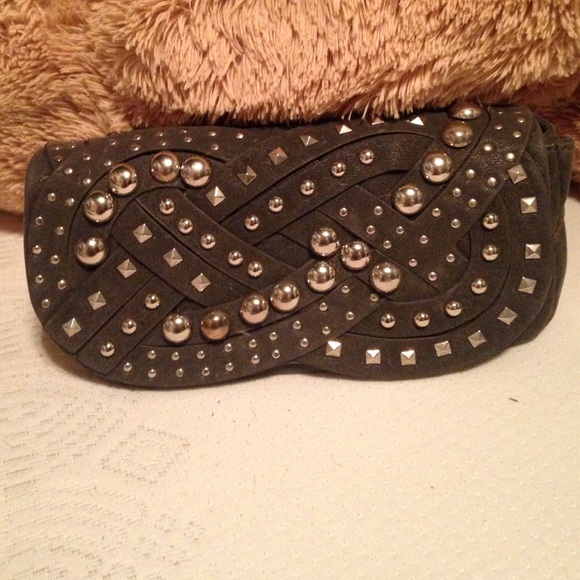 Grey studded hand clutch
