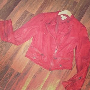 Genuine soft red leather Moto jacket.