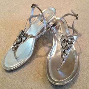 Silver Rhinestone Thong Wedge Sandals