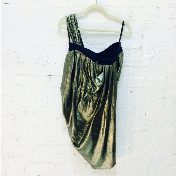 DEREK LAM Metallic Gold & Blue Silk One shoulder