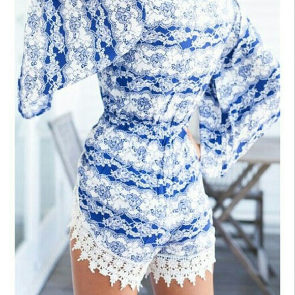 Blue & White Lace Romper - Picture 2 of 4