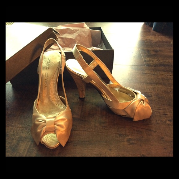 Gold satin bow pumps