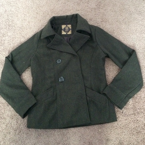 Dark green pea coat with detachable fur hood
