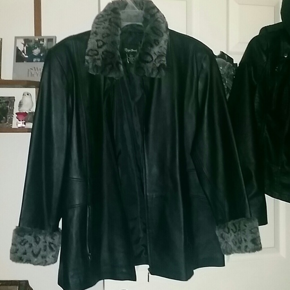 Leather Jacket with Snow Leopard Collar & Cuffs