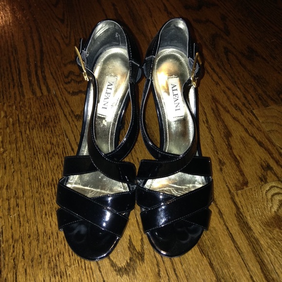Alfani patent leather sandal with gold buckle