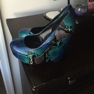 Blue snake skin wedges