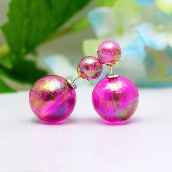 Pink crackle double sided earrings