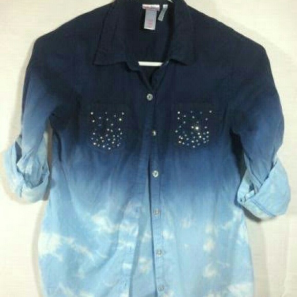 Justice Tops - White and blue rinestone button up blouse