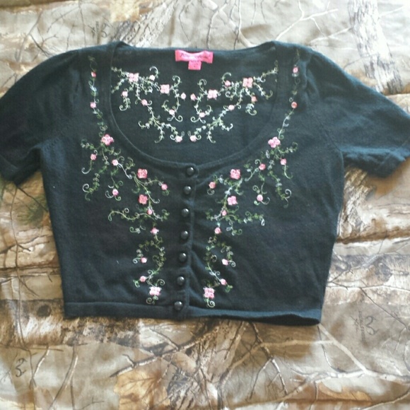 Betsey Johnson Tops - Betsey Johnson Black Floral Embroidered Cardigan