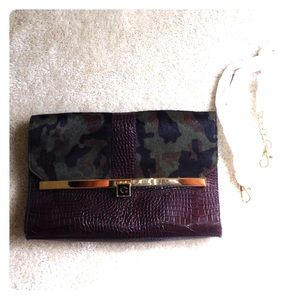 Camo and brown leather clutch