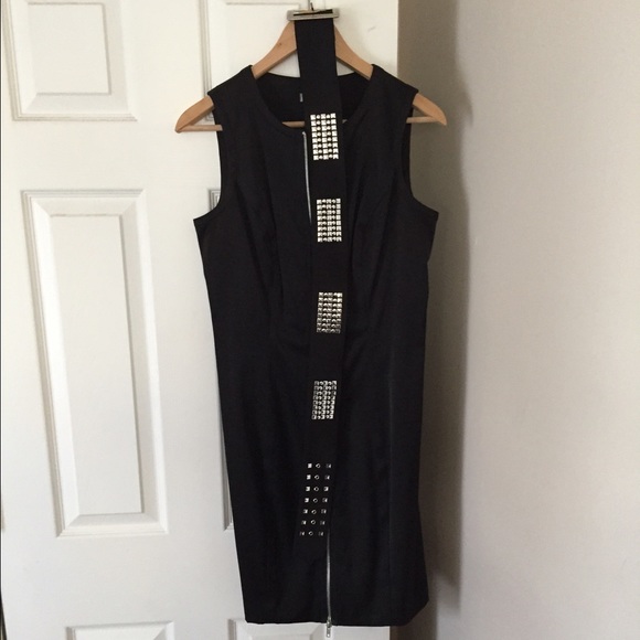 Black zip up Cache dress with studded silver belt