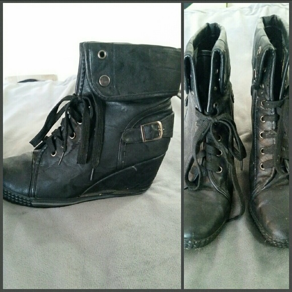 Black wedge style combat boots
