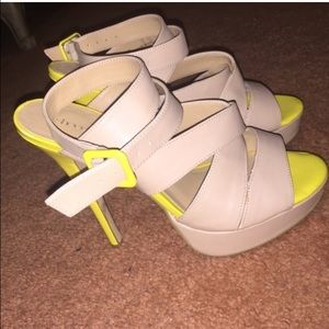 Tan and yellow strappy heels