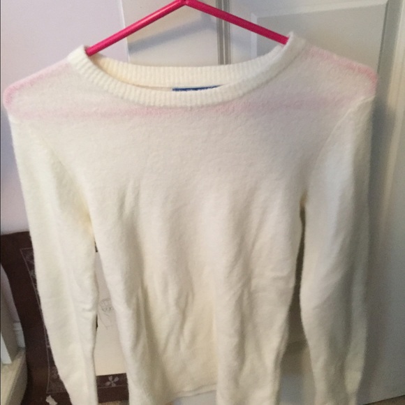 white sweater with bird on back and padded elbows