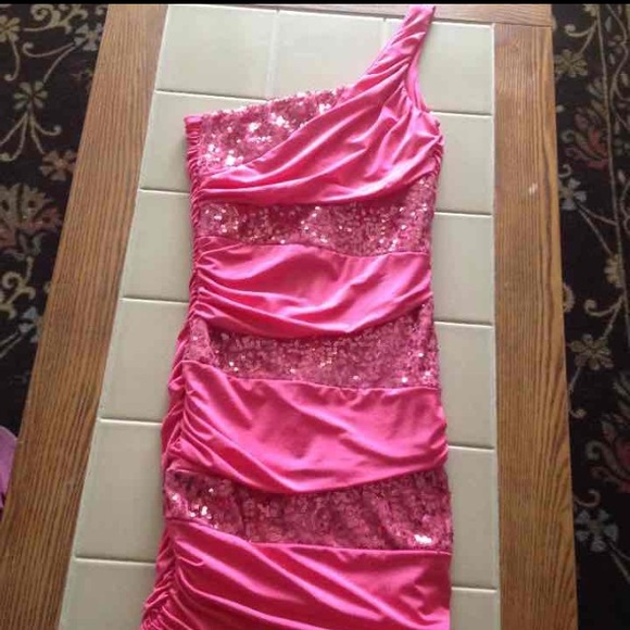 Pink glittery one shoulder dress