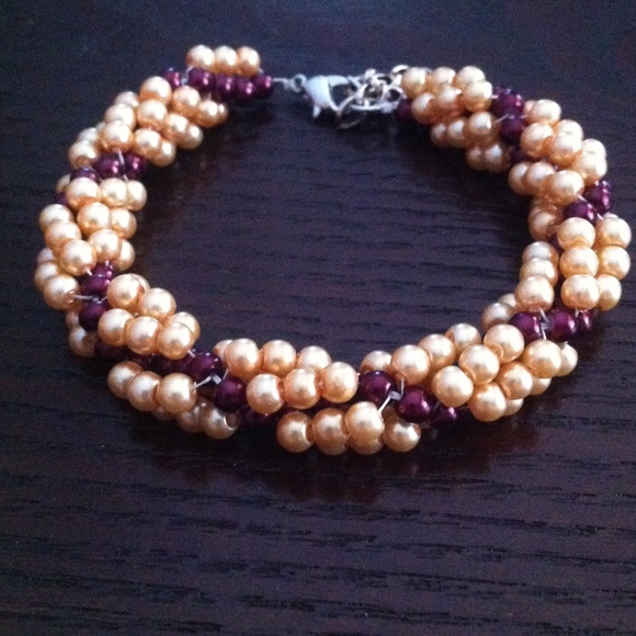 woven yellow and maroon pearl bracelet