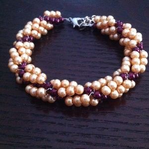 woven yellow and maroon pearl bracelet