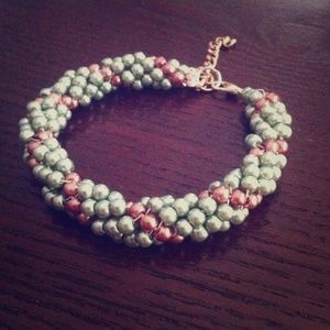 blue and taupe woven pearl bracelet