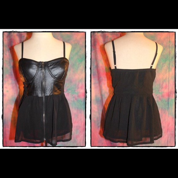 Faux leather chiffon black peplum bustier top - Picture 2 of 2