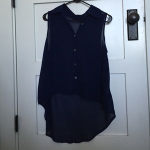 Sheer navy blue button up sleeveless blouse