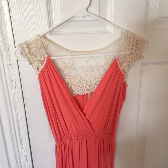 Coral maxi dress with cream lace