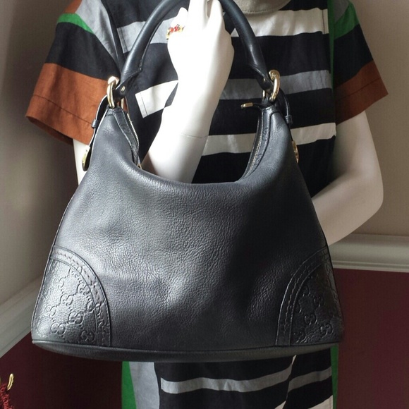 Gucci Black Pebbled Leather Zip Hobo w/ Guccissima - Picture 2 of 4