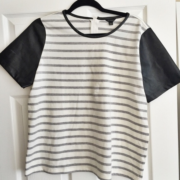Striped top with faux leather sleeves