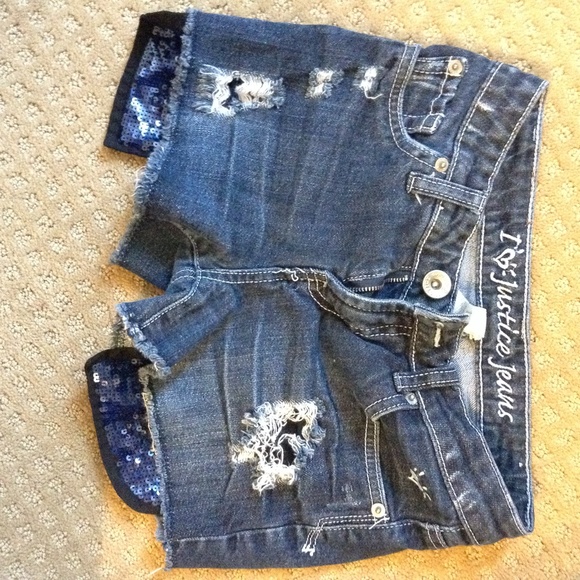 Distressed Denim Shorts with Blue Sequined Pockets