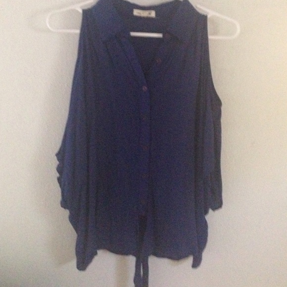 Blue open shoulder self tie top