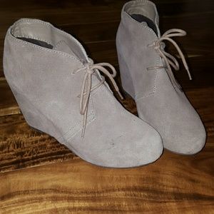 Grey closed toe suede wedges