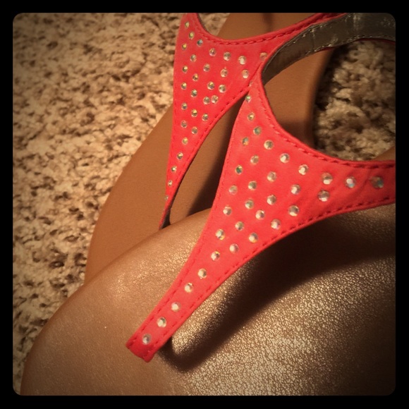 Coral Rhinestone T-Strap Sandal