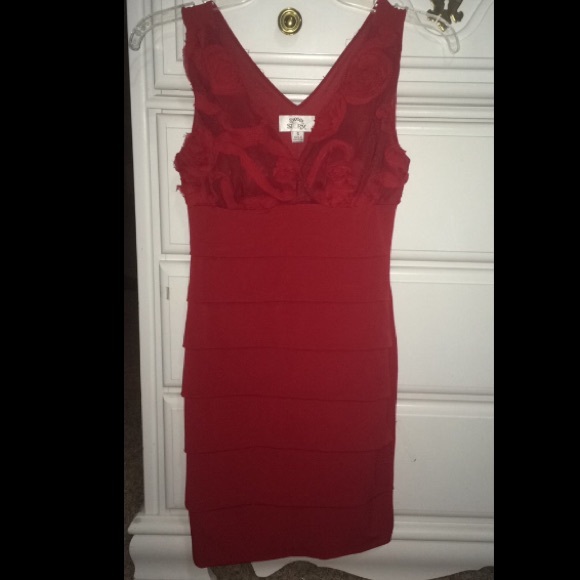 red fitted dress with floral top